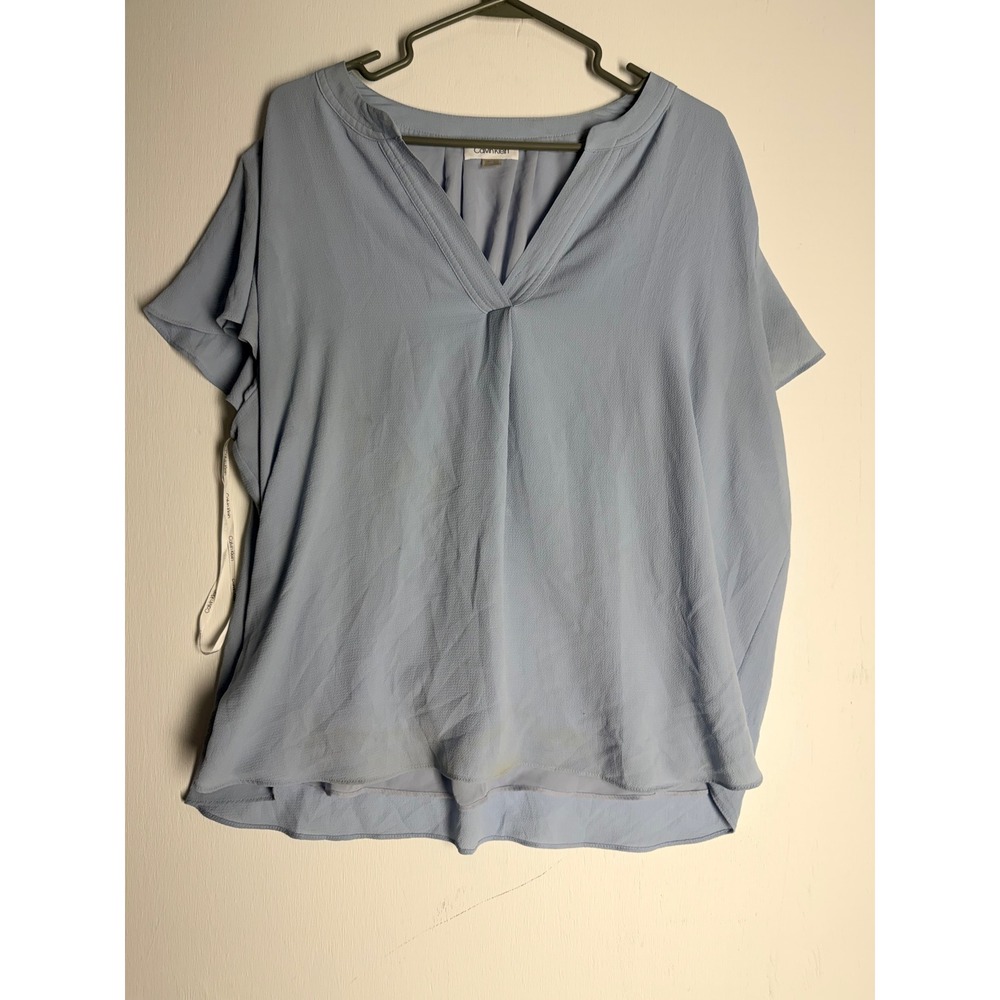 Calvin Klein Womens 2X Light Blue V-Neck Pleated Short Sleeve Blouse Top